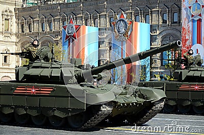 Rehearsal celebration of the 72th anniversary of the Victory Day WWII. The T-72B3 is a third-generation Russian main battle tank Editorial Stock Photo