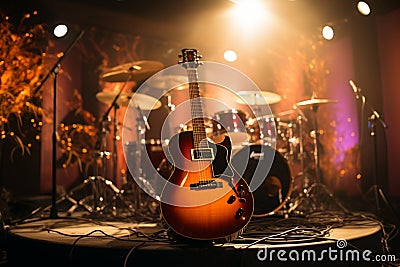 Rehearsal sanctuary: Musicians unite in the studio, an acoustic guitar guiding. Stock Photo
