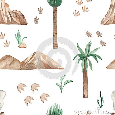 Watercolor seamless pattern with prehistoric world of dinosaurs, mountains, volcanoes, trees, palms, tropical plants Stock Photo