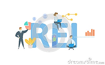 REI, Real Estate Investing. Concept with keyword, people and icons. Flat vector illustration. Isolated on white. Vector Illustration