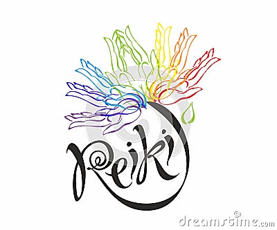 Reiki energy. Logotype. Healing energy. Flower of the rainbow from the palms of man. Alternative medicine. Spiritual Vector Illustration