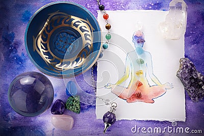 Reiki Healing chakra background, with watercolor painting and healing stones. Yoga, meditation concept. Stock Photo