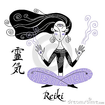 Reiki healing. A girl in the lotus position conducts a Reiki session. Vector Vector Illustration