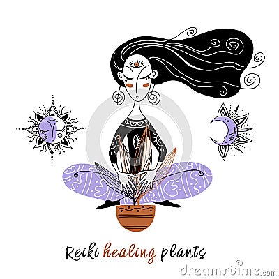 Reiki healing plants. The girl conducts a Reiki healing session for the flower. Logo. Vector Vector Illustration