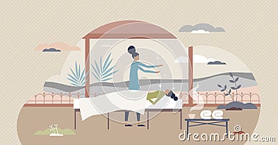Reiki treatment as energy ritual practice for recovery tiny person concept Vector Illustration