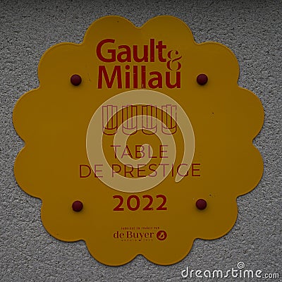 Gault Millau French restaurant guide plaque at the Two Star Michelin and Relais Chateaux award-winning Restaurant Le Parc in Reims Editorial Stock Photo