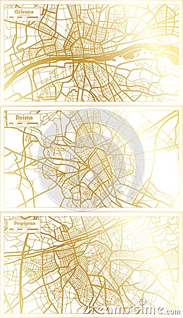 Reims, Perpignan and Orleans France City Map Set in Retro Style in Golden Color Stock Photo