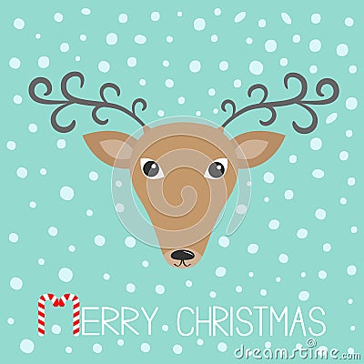 Reindeeer head. Merry christmas. Candy cane. Cute cartoon deer face with curly horns. Blue winter snow flake background. Greeting Vector Illustration