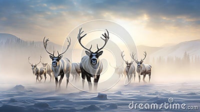 Reindeer against the backdrop of a tundra landscape. AI generated Stock Photo