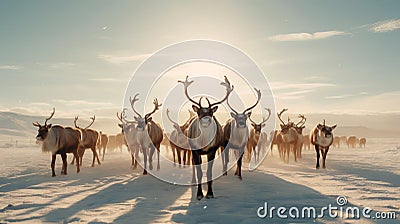 Reindeer against the backdrop of a tundra landscape. AI generated Stock Photo