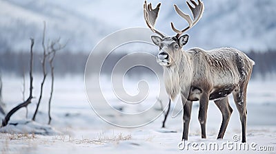 Reindeer against the backdrop of a tundra landscape. AI generated Stock Photo