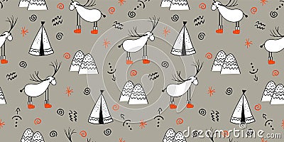 Reindeer. An animal with horns. Illustration in folk style. Stylized mountains. Scandinavian print. Seamless pattern for kids Vector Illustration