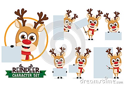 Reindeer characters vector set. Reindeers character in different pose and gesture holding empty white board for xmas presentation. Vector Illustration