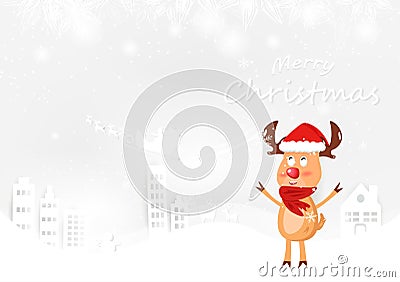 Reindeer, cute cartoon, Merry Christmas winter season postcard v Vector Illustration