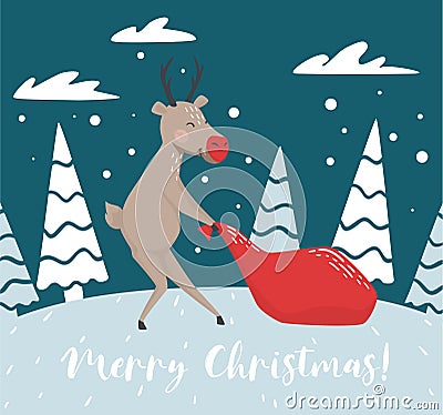 Reindeer drags santa gift bag scandinavian card. Christmas and New year character. Vector Illustration