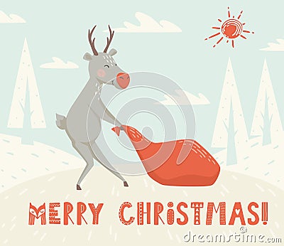 Reindeer drags santa gift bag scandinavian card. New year. Vector Illustration