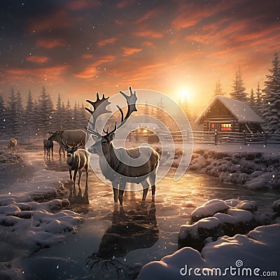 Reindeer Farm in northern Summer molting Cartoon Illustration