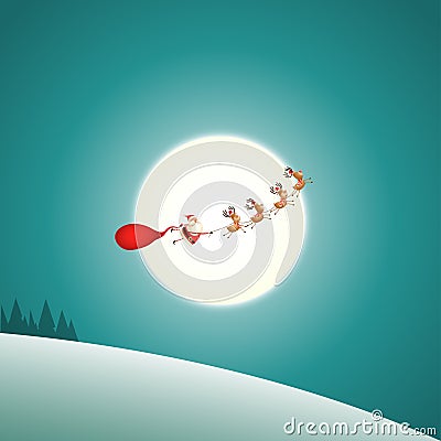 Reindeer flying and pulling Santa Claus - silhouette on winter moonlight background Vector Illustration