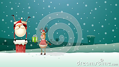 Reindeer helps Santa Claus put down all the gifts down the chimney on the roof - winter night scenery Vector Illustration