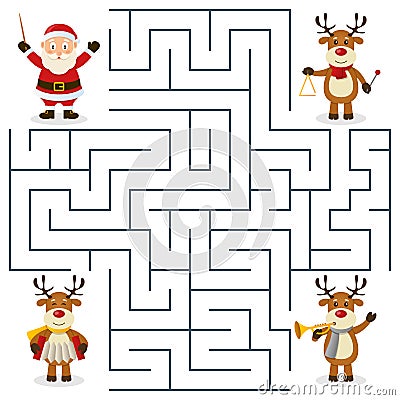 Reindeer Orchestra Maze for Kids Vector Illustration