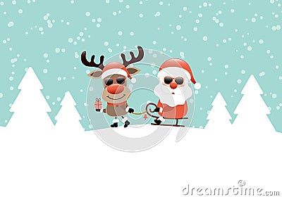 Reindeer Pulling Sleigh With Santa Sunglasses Snow And Forest Turquoise Vector Illustration