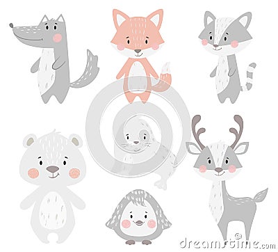 Reindeer, raccoon, seal, wolf, penguin, bear, fox baby winter set. Cute animal illustration Vector Illustration