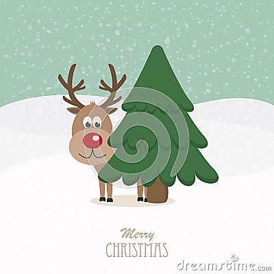 Reindeer red nose behind tree snowy background Vector Illustration