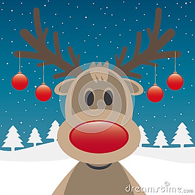 Reindeer red nose and christmas balls Stock Photo