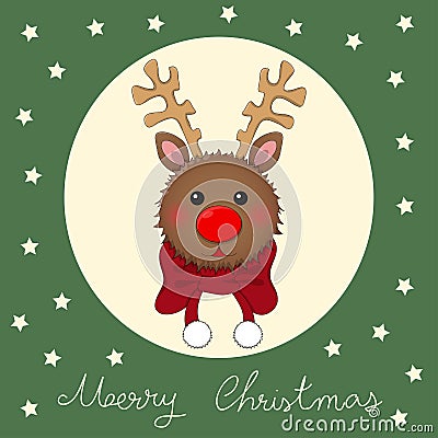 Reindeer with Red Scarf on Green Christmas Greeting Card. Vector Illustration Vector Illustration