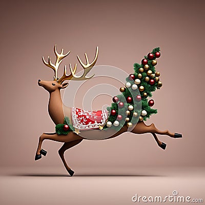 a reindeer running while carrying christmas ornaments on its back and walking Cartoon Illustration
