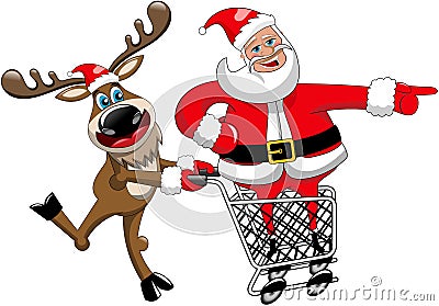 Reindeer Running Pushing Cart Santa Claus Indicating Isolated Vector Illustration