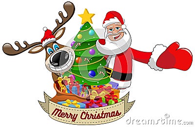 Reindeer Santa Claus wishing merry christmas decorated xmas tree Vector Illustration