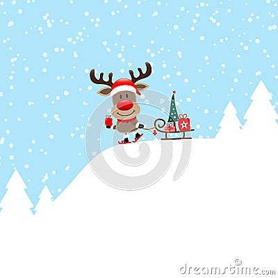 Reindeer With Ski And Sleigh On Mountain Snow Blue Vector Illustration