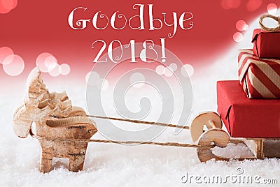 Reindeer With Sled, Red Background, Text Goodbye 2018 Stock Photo