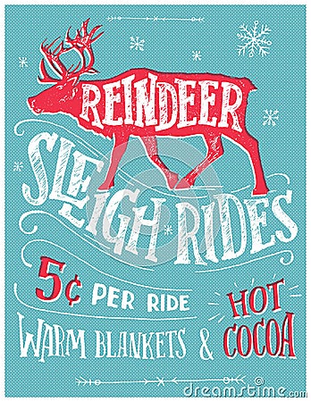 Reindeer sleigh rides retro poster Vector Illustration