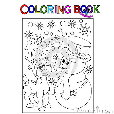 Coloring Page. Reindeer and Snowman scene. Black and White vector for coloring books. Vector Illustration