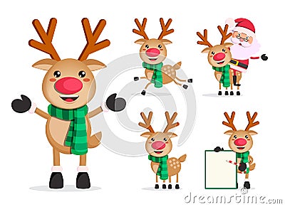 Reindeer vector character set. Rudolph christmas cartoon characters Vector Illustration