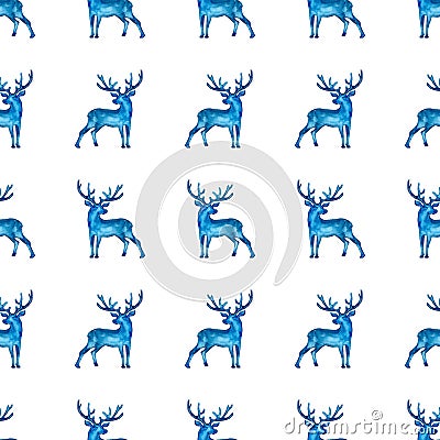 Reindeer XMAS watercolor Deer Stag eamless Pattern in Blue Color. Hand Painted Animal Moose background or wallpaper for Stock Photo