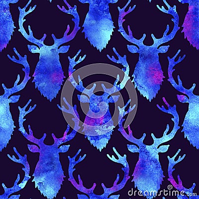 Reindeer XMAS watercolor Deer Stag eamless Pattern in Blue Color. Hand Painted Animal Moose background or wallpaper for Stock Photo