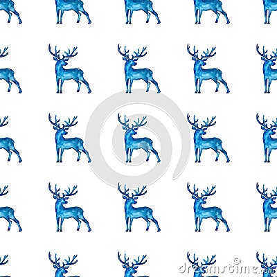 Reindeer XMAS watercolor Deer Stag eamless Pattern in Blue Color. Hand Painted Animal Moose background or wallpaper for Stock Photo