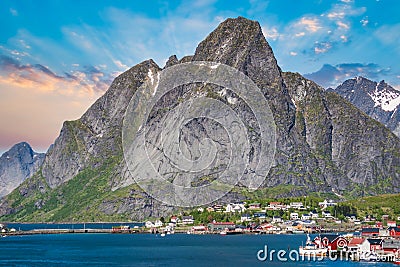 Reine, Lofoten, Norway. The village of Reine under a sunny, blue sky, with the typical rorbu houses Editorial Stock Photo