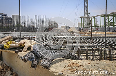 Reinforce iron cage in a construction site Stock Photo