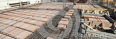 Reinforce iron cage net for built building floor. Stock Photo