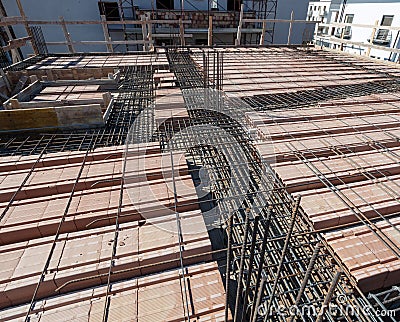 Reinforce iron cage net for built building floor. Stock Photo