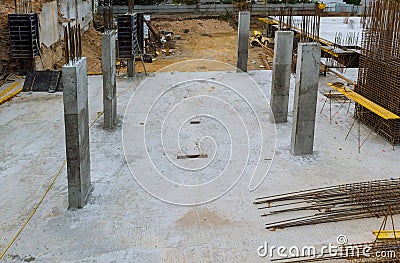 Reinforcement frame reinforcement for concrete frame house, formwork for concreting, construction of houses Stock Photo