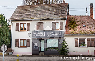 Architecture detail of a small village bakery on a winter day Editorial Stock Photo