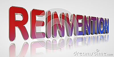 Reinvention - 3D Rendering Metal Word on Gray Background Stock Photo