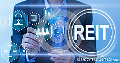 REIT, Real Estate Investment Trust concept, Person hand using smart phone with Real Estate Investment Trust icon on Stock Photo