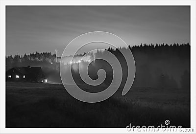 Reitzenhain, Germany - August 22, 2020: fog in nighty Ore mountains landscape Editorial Stock Photo