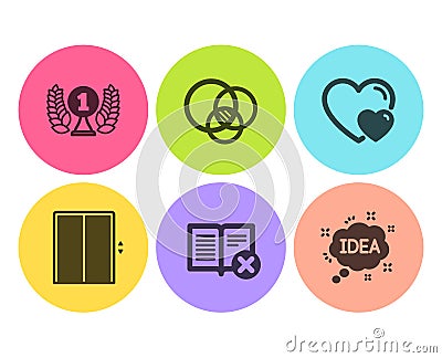 Reject book, Lift and Laureate award icons set. Euler diagram, Hearts and Idea signs. Delete article, Elevator. Vector Vector Illustration